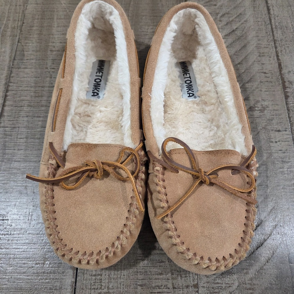 Minnetonka Cally Women's Suede Moccasins Tan Faux Fur Lined 4052 Size 10 Medium